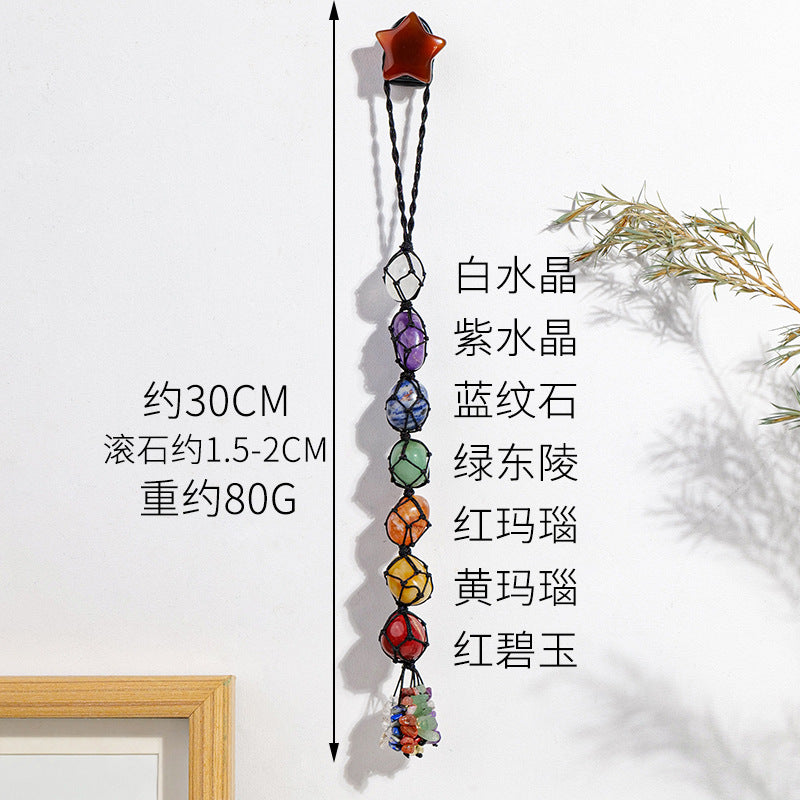 Handmade woven mesh bag with natural crystal, colorful crystal tassel pendant
