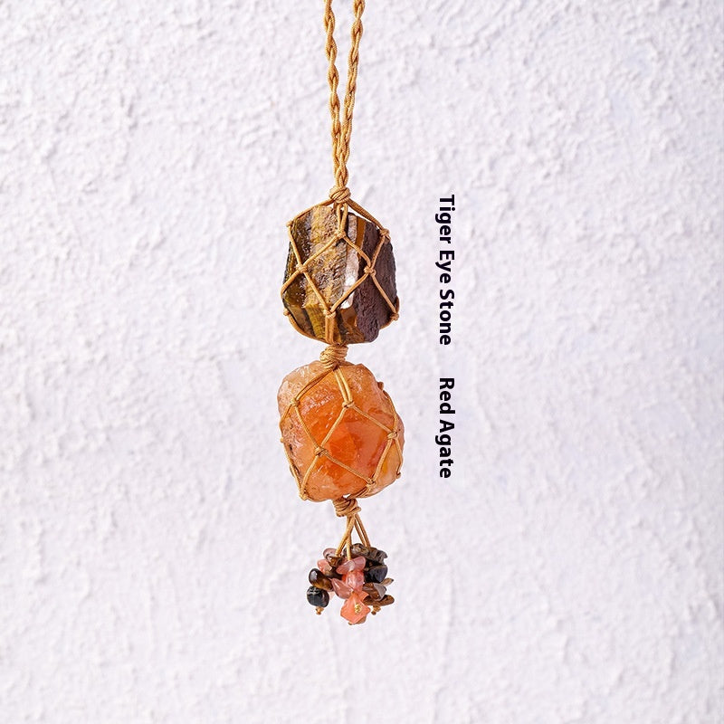Natural raw stone mesh bag pendant, hand woven irregular amethyst and white crystal
