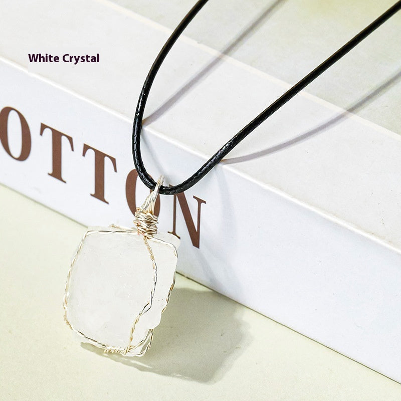 Natural amethyst raw stone wrapped silk pendant, mesh bag necklace