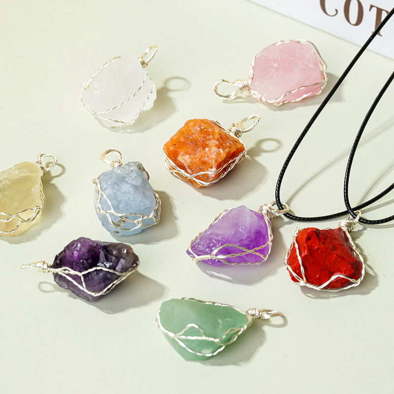 Natural amethyst raw stone wrapped silk pendant, mesh bag necklace