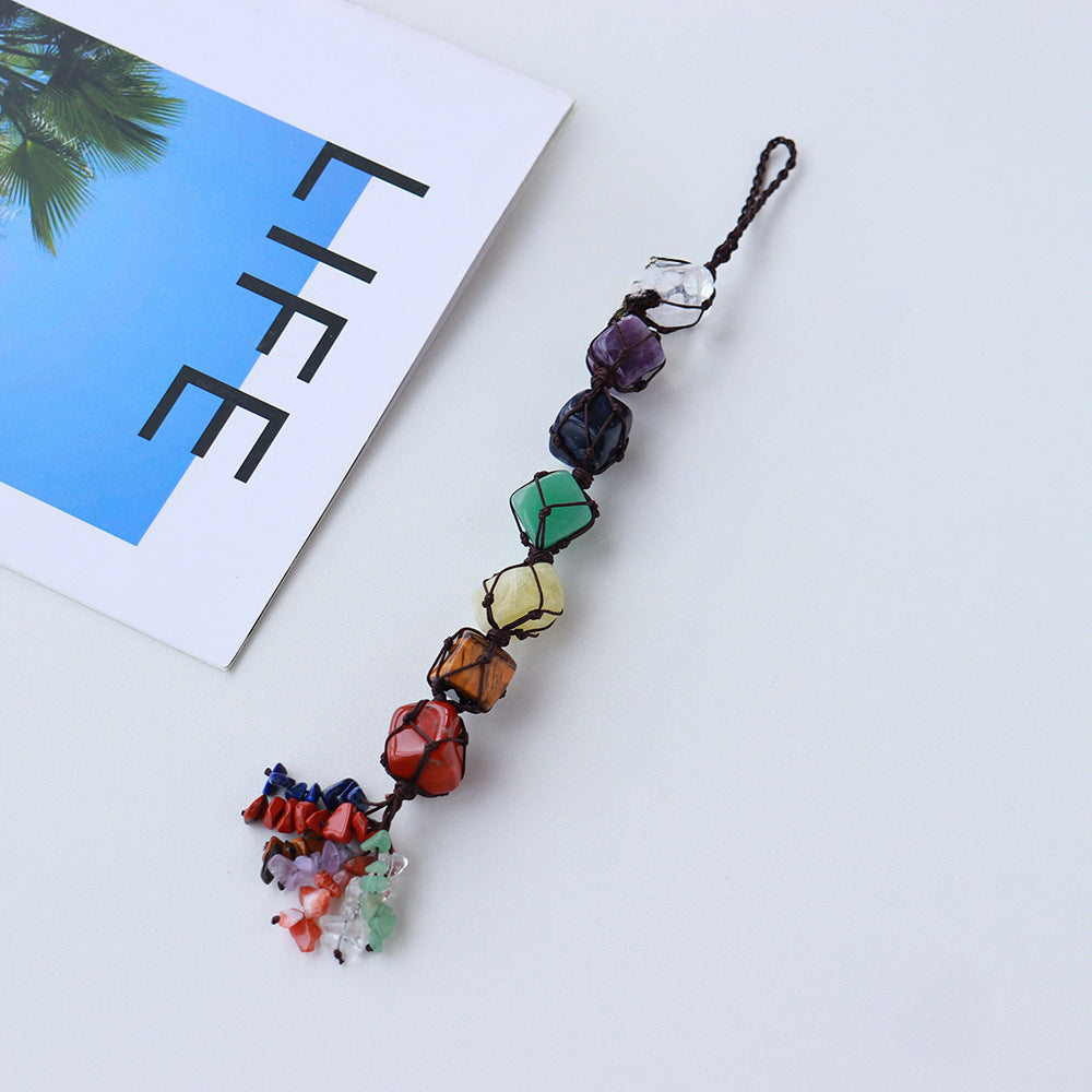 Handmade woven mesh bag with natural crystal, colorful crystal tassel pendant
