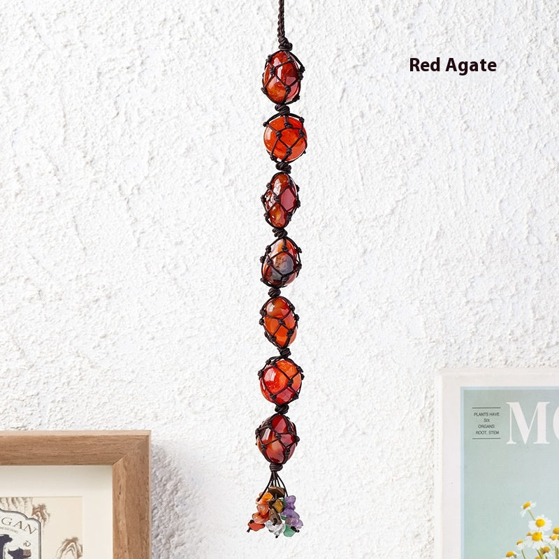 Handmade woven mesh bag with natural crystal, colorful crystal tassel pendant