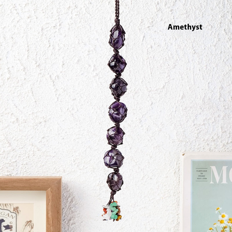 Handmade woven mesh bag with natural crystal, colorful crystal tassel pendant