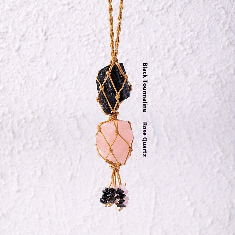 Natural raw stone mesh bag pendant, hand woven irregular amethyst and white crystal