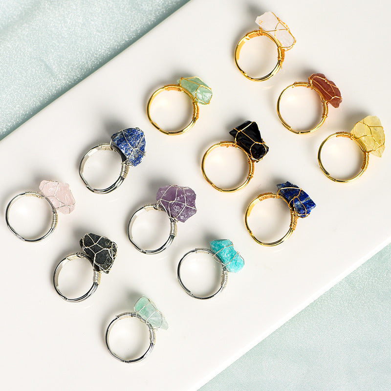 Natural stone living mouth ring irregular raw stone amethyst white crystal handmade winding adjustable ring