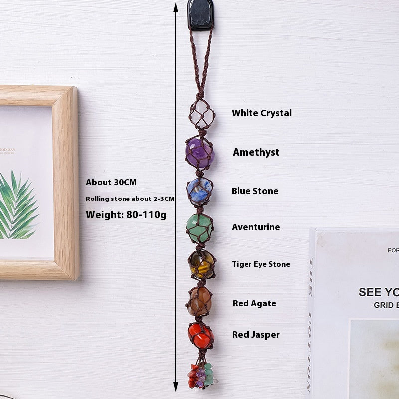 Handmade woven mesh bag with natural crystal, colorful crystal tassel pendant