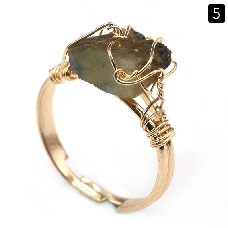 Natural amethyst raw stone wrapped silk ring, yellow crystal living ring