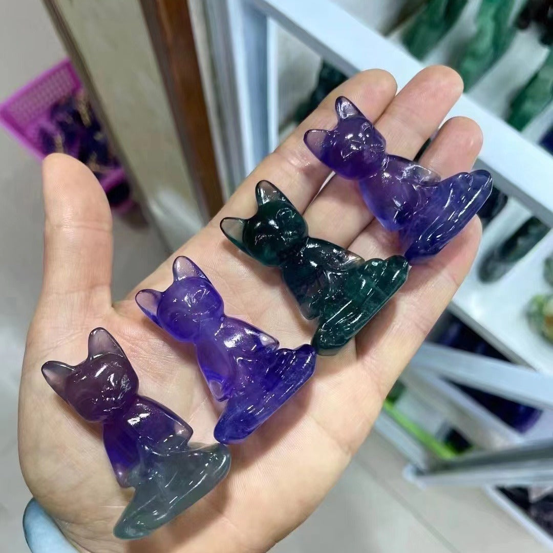Natural crystal fluorite meditation cat carving meditation cat