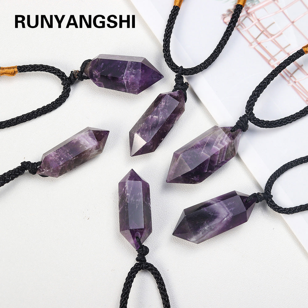 Natural dreamy amethyst double pointed crystal pillar pendant, energy stone, crystal raw stone