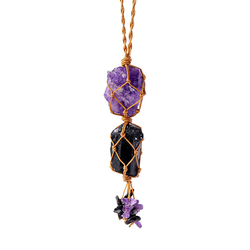 Natural raw stone mesh bag pendant, hand woven irregular amethyst and white crystal
