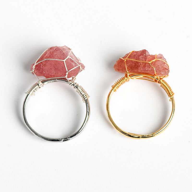 Natural stone living mouth ring irregular raw stone amethyst white crystal handmade winding adjustable ring