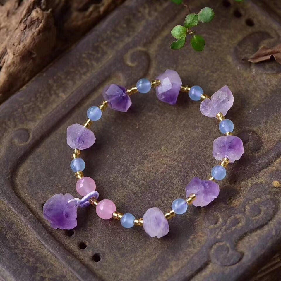 Natural Amethyst Tooth Bracelet, Women's Amethyst Flower Primitive Stone Single Loop Bracelet