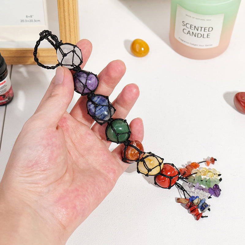 Handmade woven mesh bag with natural crystal, colorful crystal tassel pendant