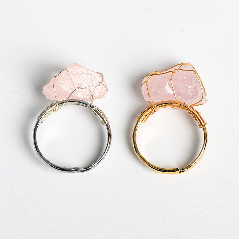 Natural stone living mouth ring irregular raw stone amethyst white crystal handmade winding adjustable ring