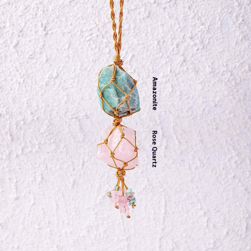 Natural raw stone mesh bag pendant, hand woven irregular amethyst and white crystal
