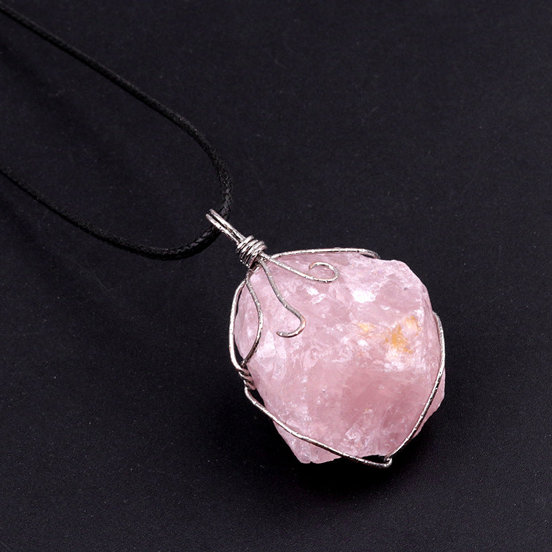 Yellow crystal original stone pendant, pink and white amethyst irregular stone necklace
