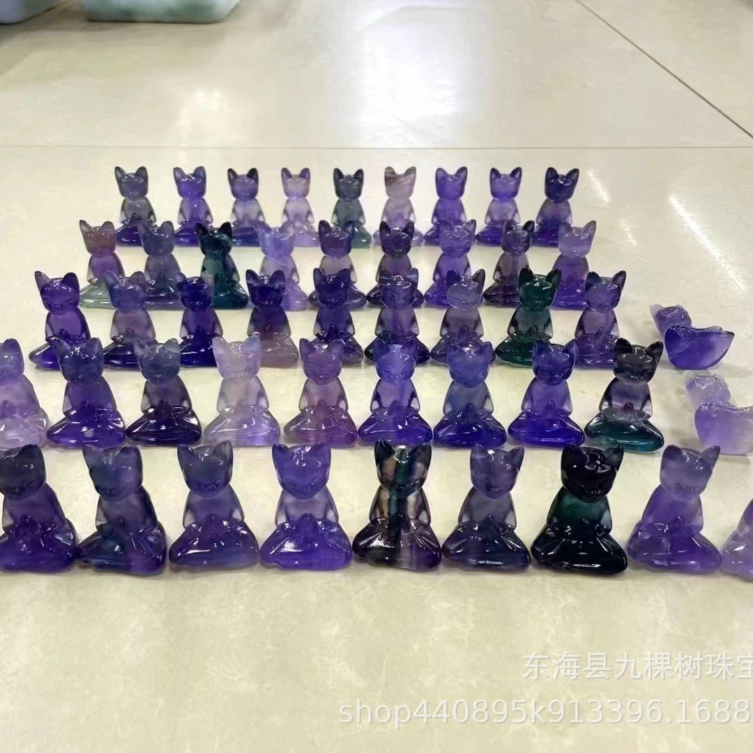 Natural crystal fluorite meditation cat carving meditation cat
