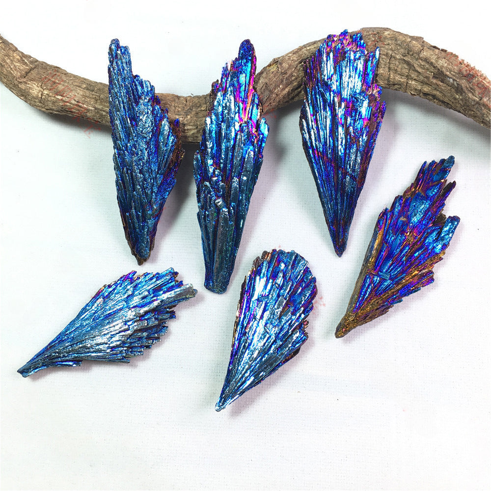 Electroplating natural black tourmaline peacock blue flame feather rainbow crystal raw stone