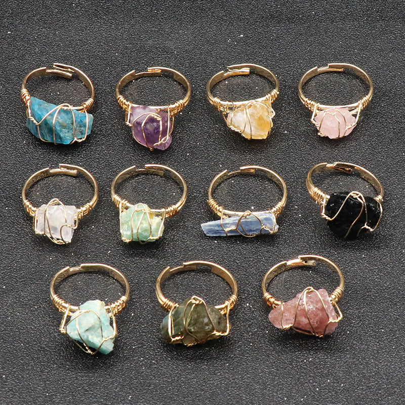 Natural amethyst raw stone wrapped silk ring, yellow crystal living ring