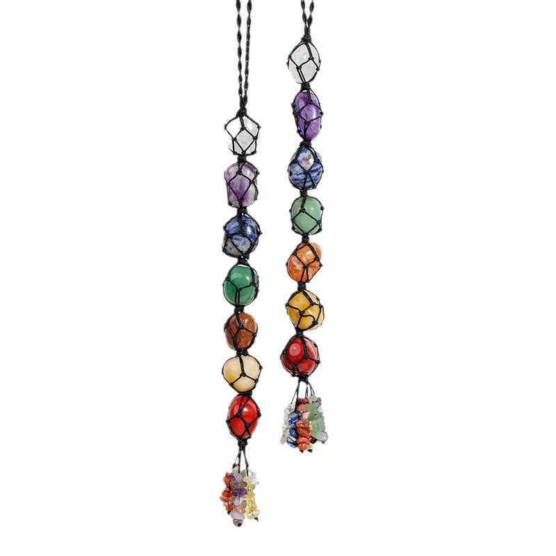Handmade woven mesh bag with natural crystal, colorful crystal tassel pendant