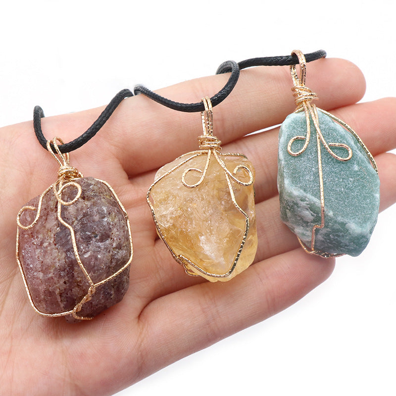 Yellow crystal original stone pendant, pink and white amethyst irregular stone necklace
