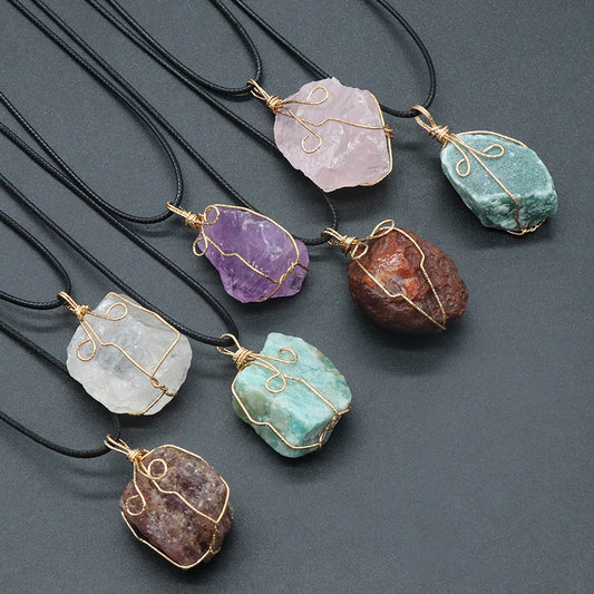 Yellow crystal original stone pendant, pink and white amethyst irregular stone necklace