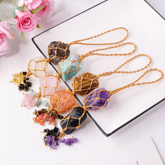 Natural raw stone mesh bag pendant, hand woven irregular amethyst and white crystal