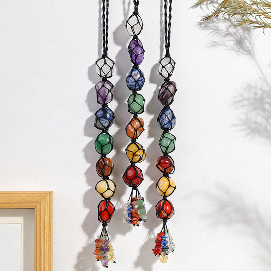 Handmade woven mesh bag with natural crystal, colorful crystal tassel pendant