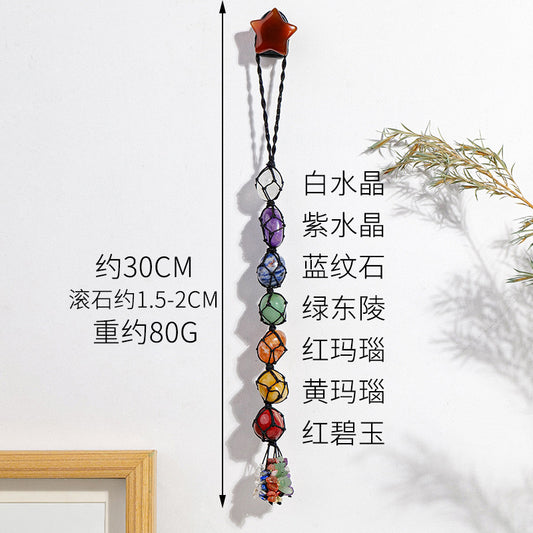 Handmade woven mesh bag with natural crystal, colorful crystal tassel pendant