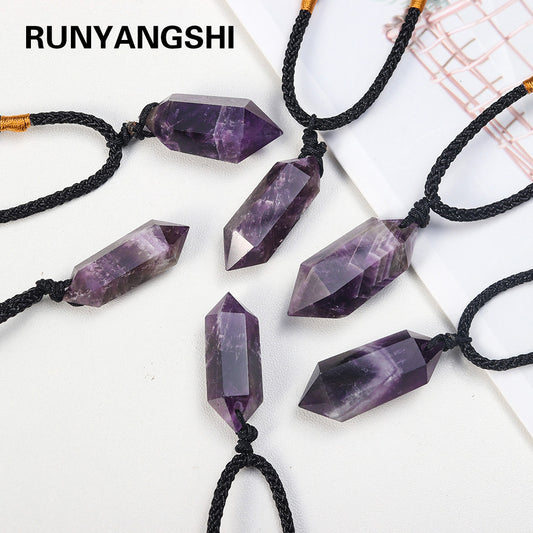 Natural dreamy amethyst double pointed crystal pillar pendant, energy stone, crystal raw stone