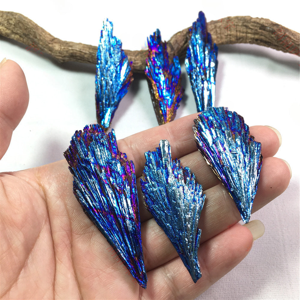 Electroplating natural black tourmaline peacock blue flame feather rainbow crystal raw stone