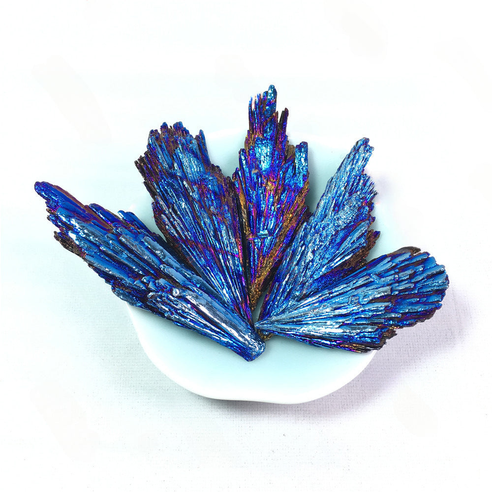 Electroplating natural black tourmaline peacock blue flame feather rainbow crystal raw stone